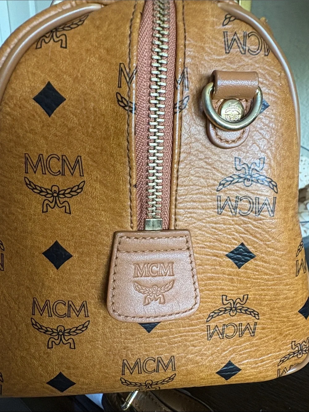 MCM COGNAC VISETOS BOSTON SATCHEL / TOP HANDLE BAG